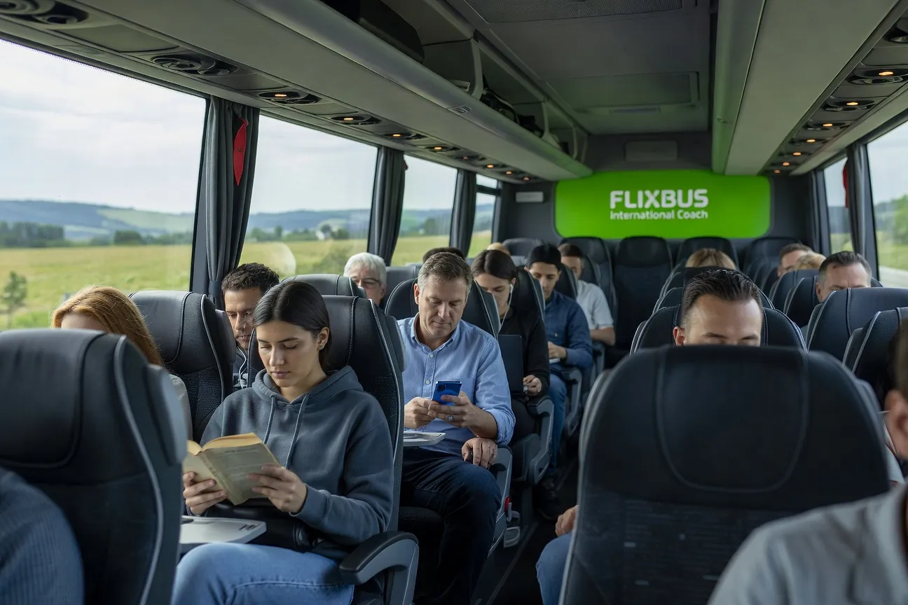 Intérieur de bus FlixBus international avec voyageurs