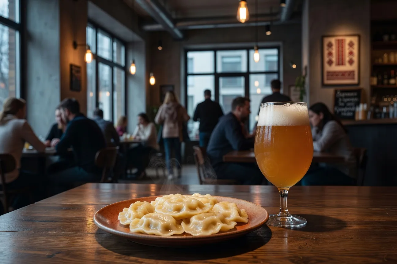 Restaurant moderne de Kyiv, plat de varenyky et bière artisanale