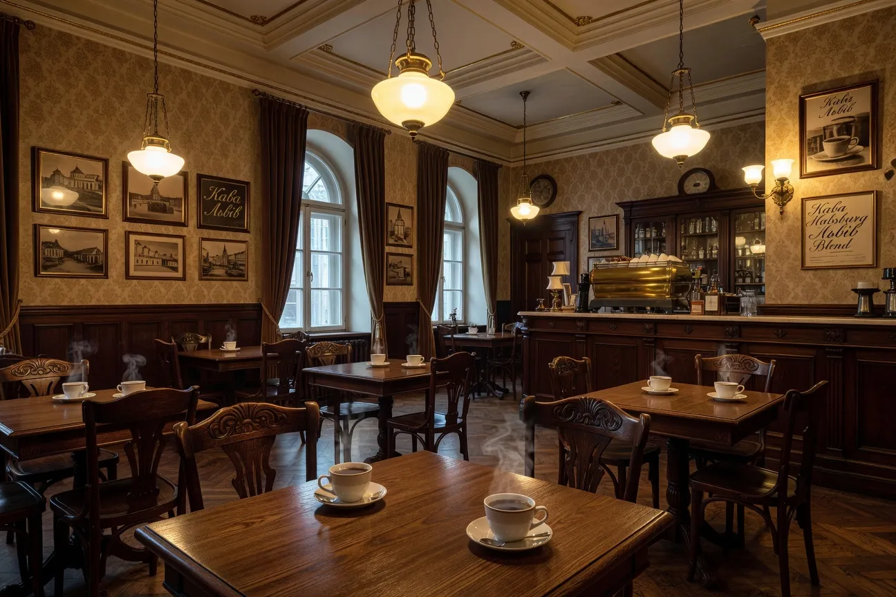 Intérieur d'un café historique de Lviv avec décor vintage