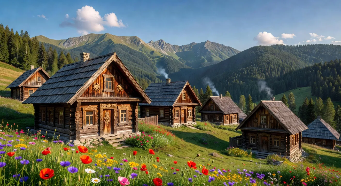 Village hutsule traditionnel dans les Carpates ukrainiennes, maisons en bois et paysage de montagne