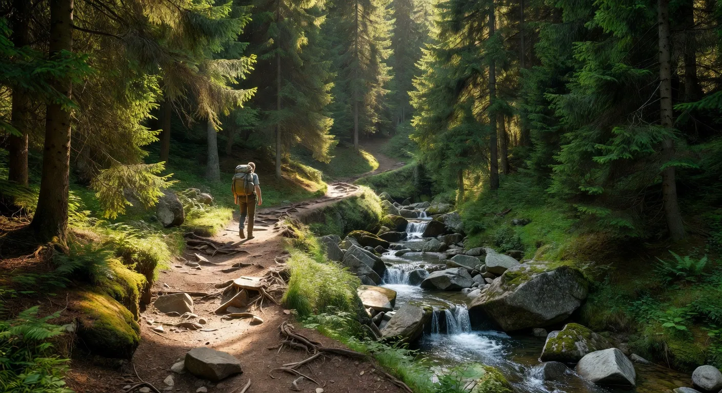 Sentier de randonnée dans les Carpates ukrainiennes, forêt de conifères et ruisseau de montagne