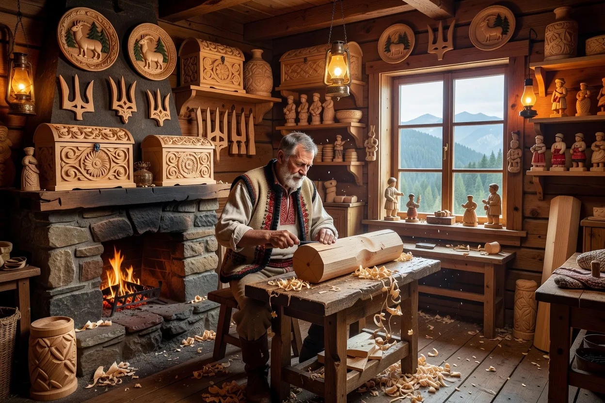 Artisan hutsul sculptant le bois à Kosmach, Carpates ukrainiennes