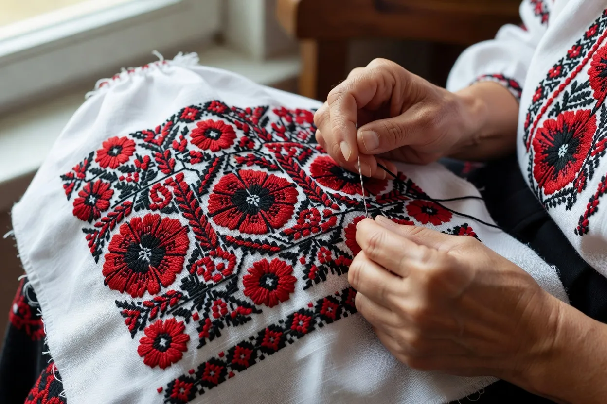 Broderie ukrainienne traditionnelle vyshyvanka exposée à Kosmach dans les Carpates