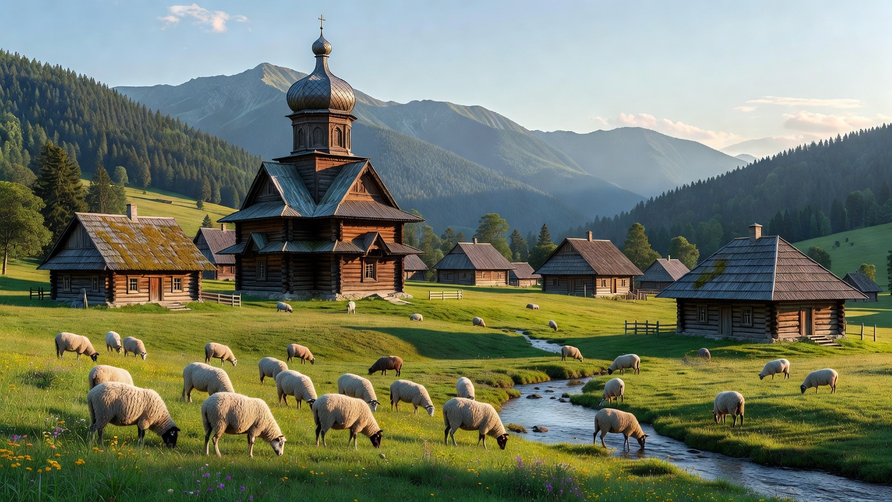 Village Hutsul traditionnel avec église en bois dans les Carpates ukrainiennes