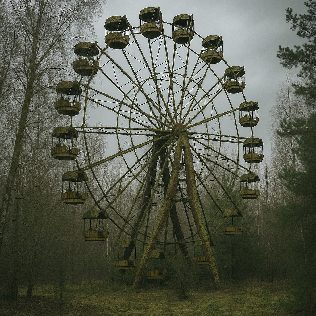 Pripyat abandonnée, rue envahie par la végétation dans la zone de Tchernobyl