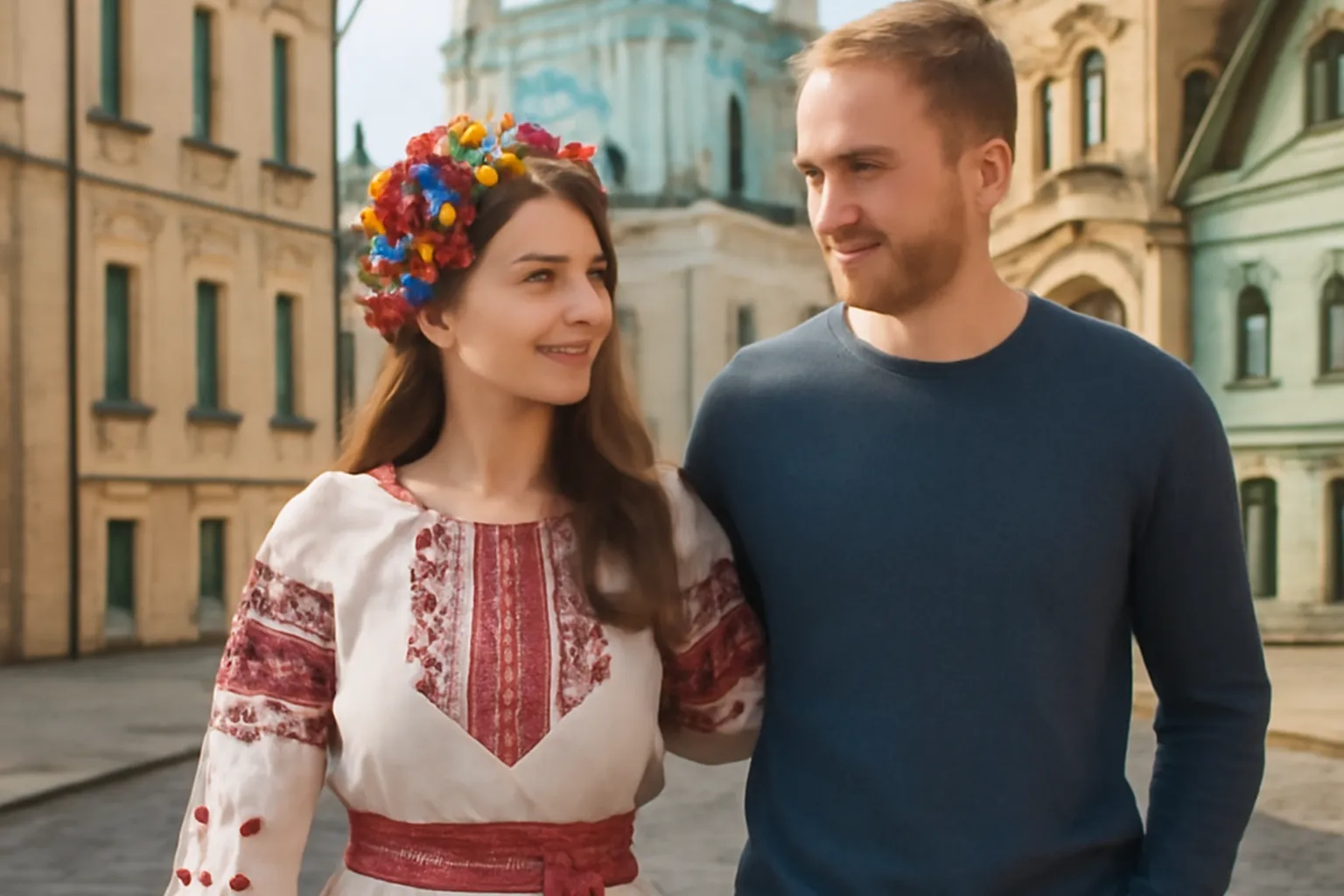 Femme ukrainienne Slavic et homme europeen occidental Caucasien dans le quartier Podil de Kyiv