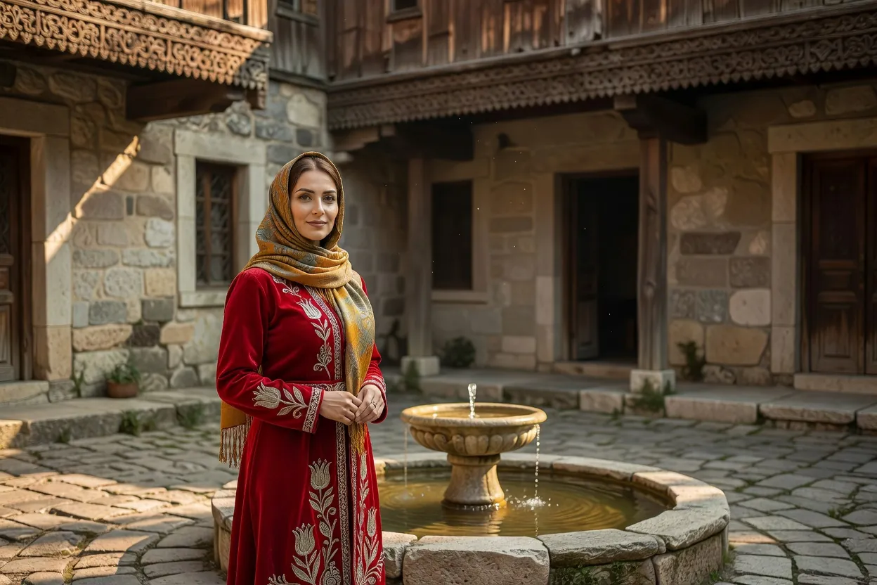 Femme en costume traditionnel tatar de Crimée brodé et foulard à motifs, dans une cour de pierre avec fontaine