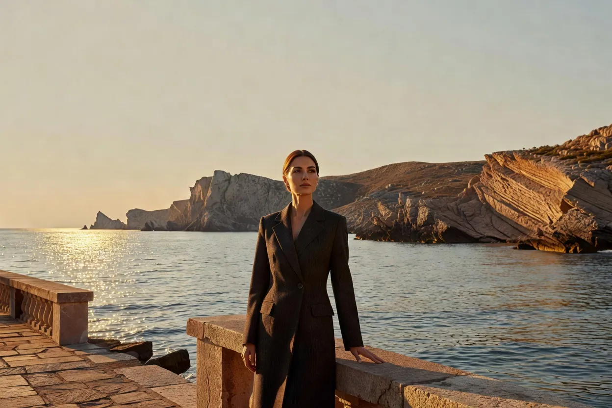 Femme en manteau sombre devant la mer Noire au coucher du soleil, falaises rocheuses de la côte en arrière-plan