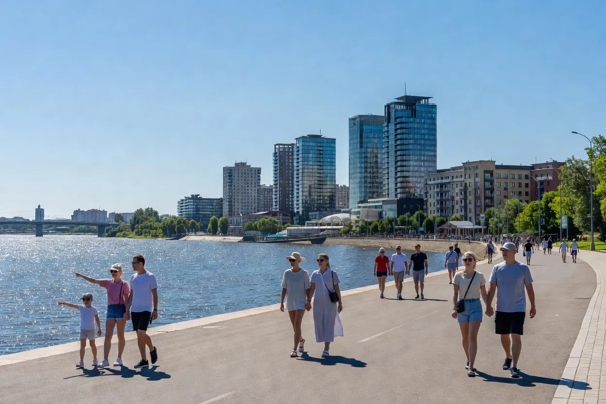 Quais rénovés de Dnipro le long du Dniepr avec promeneurs et immeubles modernes