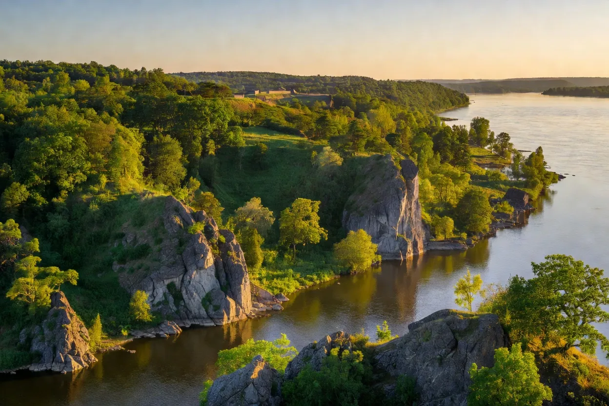 Île de Khortytsia sur le Dniepr avec ses falaises boisées et son paysage historique cosaque