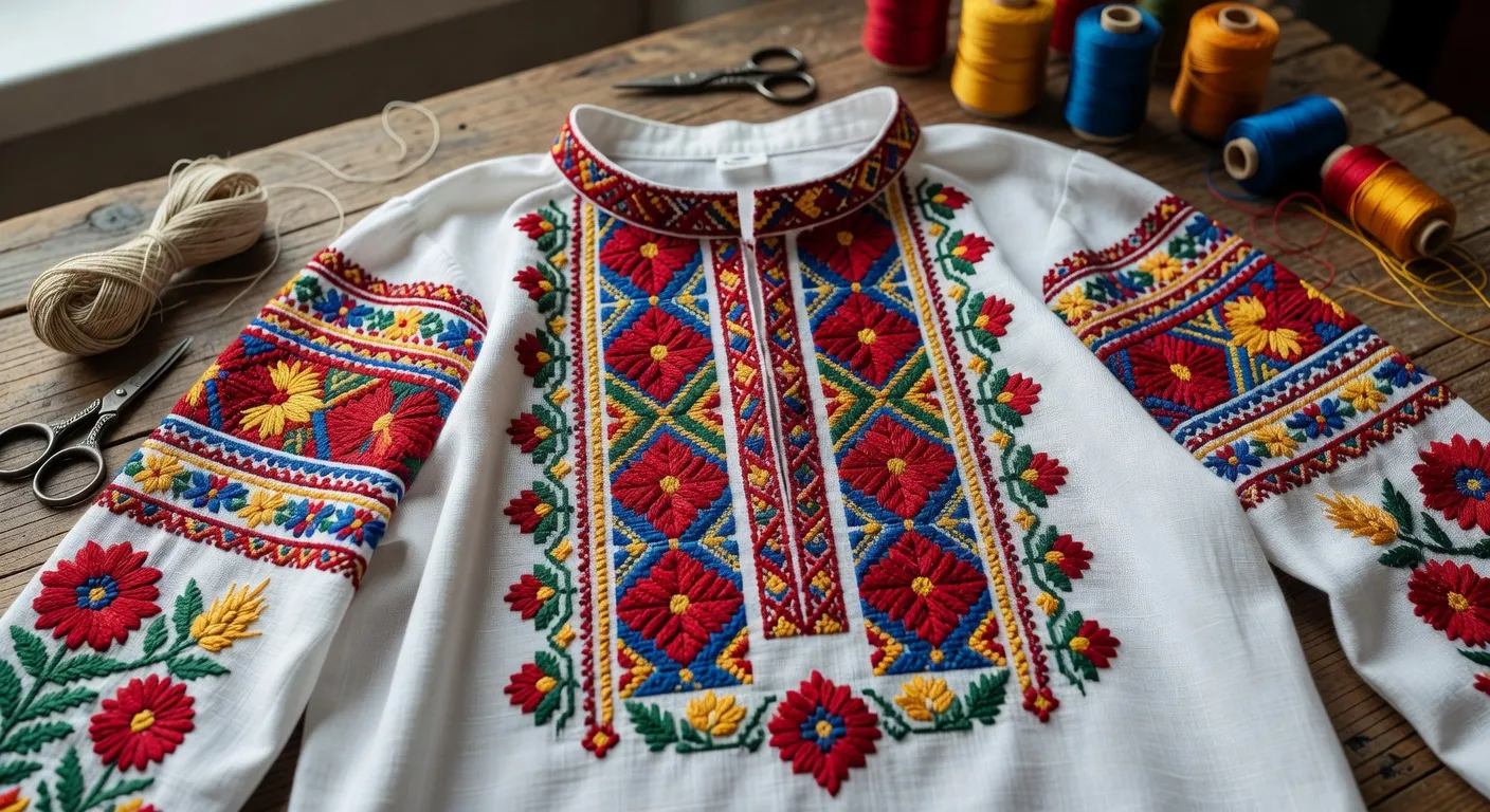 Vyshyvanka ukrainienne, chemise brodée traditionnelle avec motifs géométriques colorés