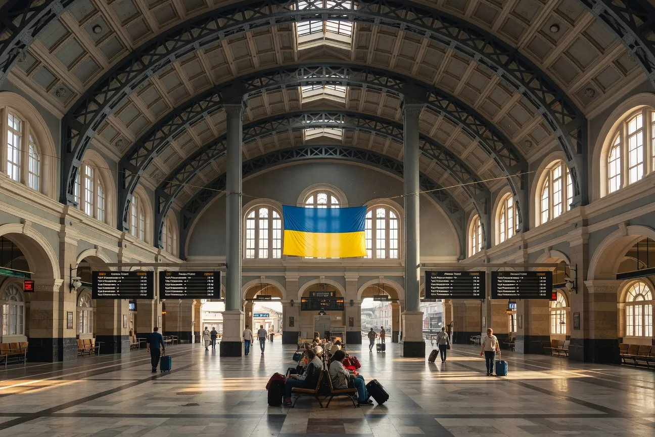 Gare centrale de Kyiv en 2026 avec voyageurs