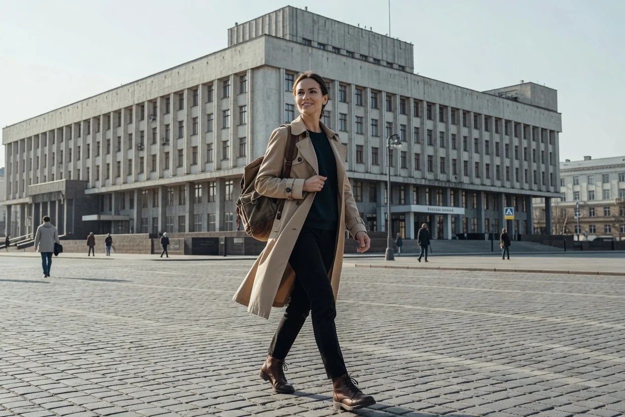 Voyageuse promeneuse sur la place de la Liberté de Kharkiv, le bâtiment constructiviste Derzhprom derrière elle