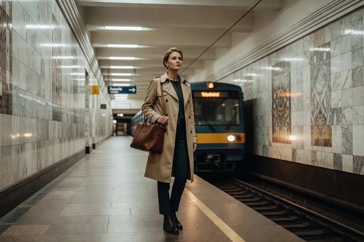 Voyageuse dans une station de métro de Kharkiv, murs de marbre et céramique, train arrivant en arrière-plan