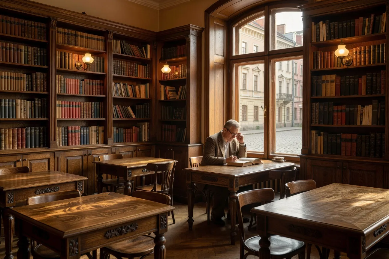 Café viennois à Lviv, intérieur en bois et livres
