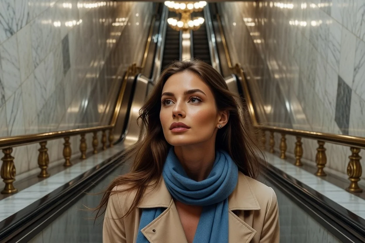 Escalator interminable descendant vers le quai de la station Arsenalna, la plus profonde du monde