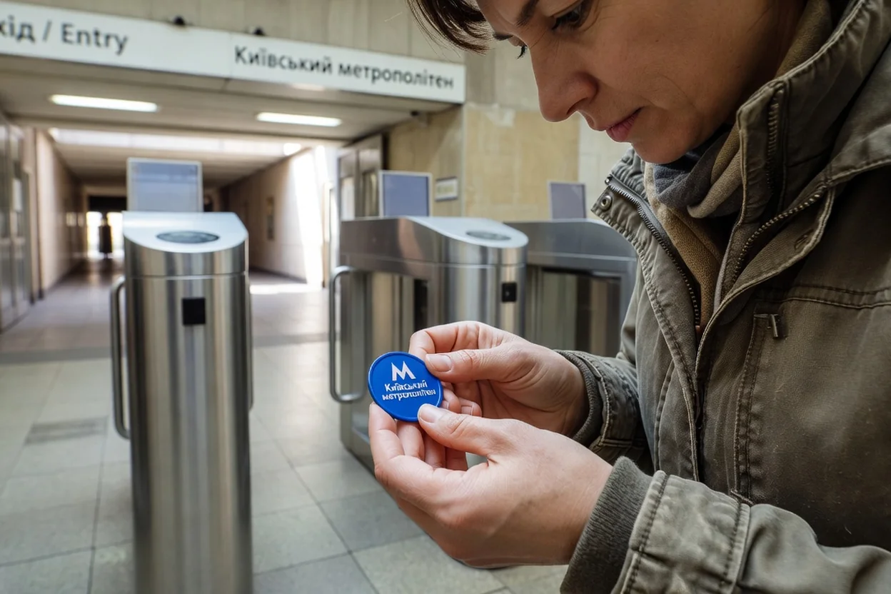 Jeton de métro vert en plastique posé sur une carte du réseau de Kyiv