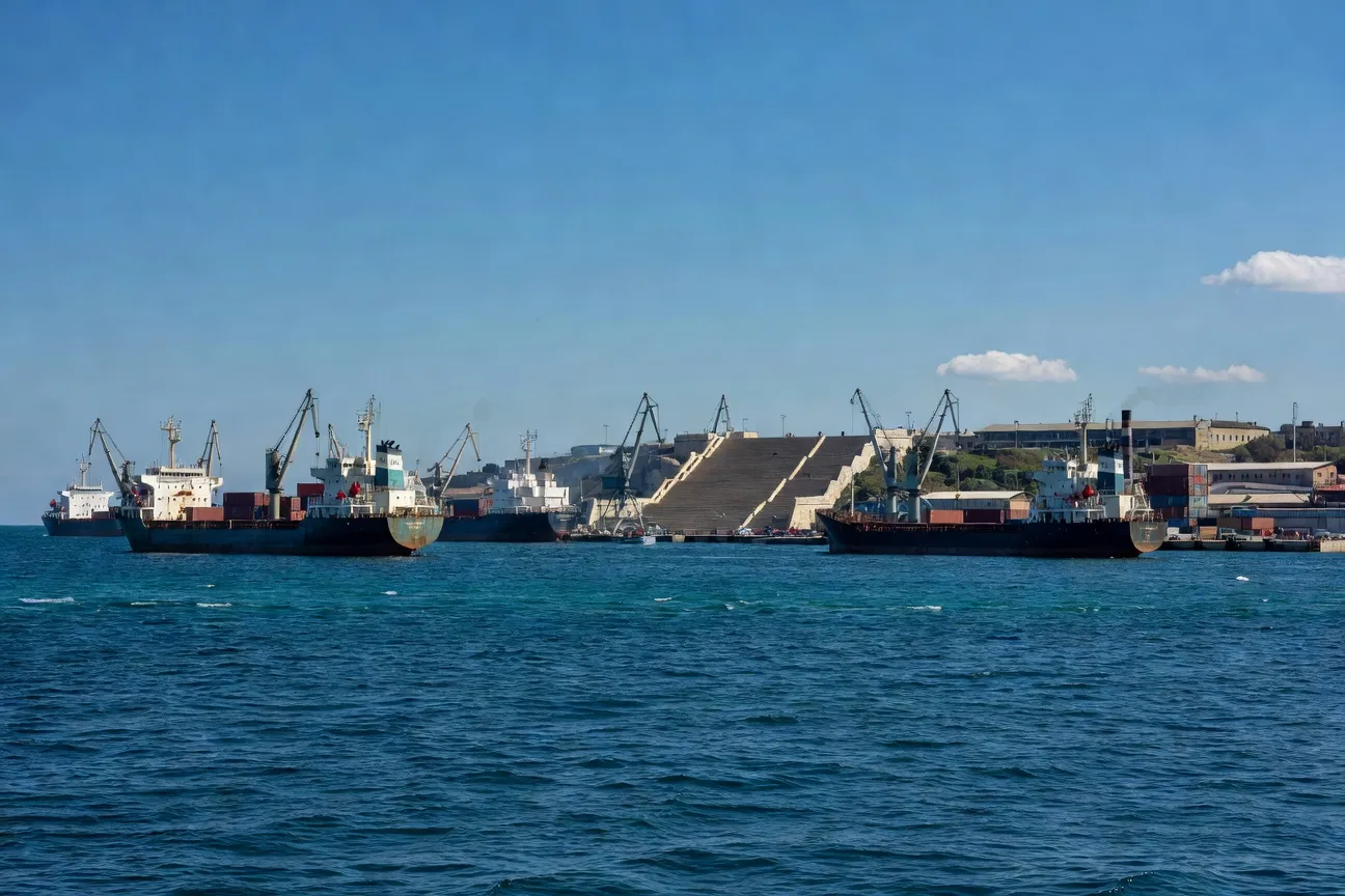 Port d'Odessa avec navires de marchandises et escalier Potemkine