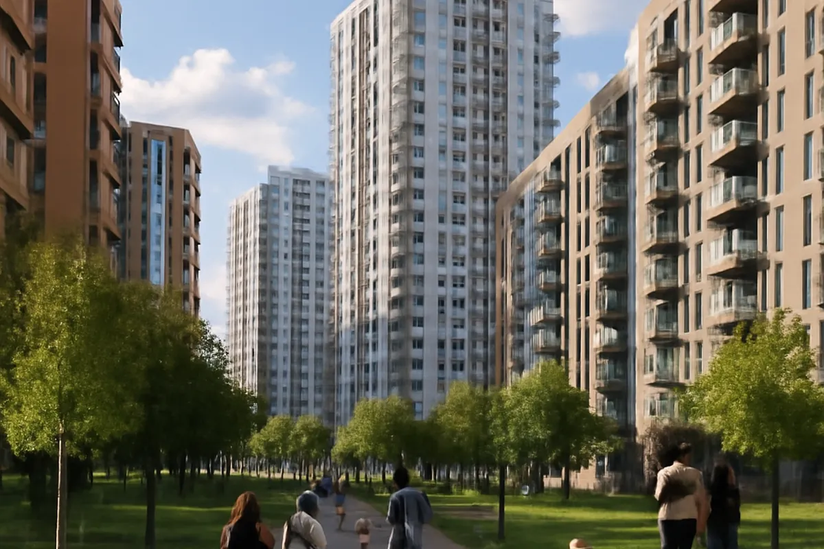 Vue aérienne d'un quartier résidentiel de Kyiv avec immeubles et parcs
