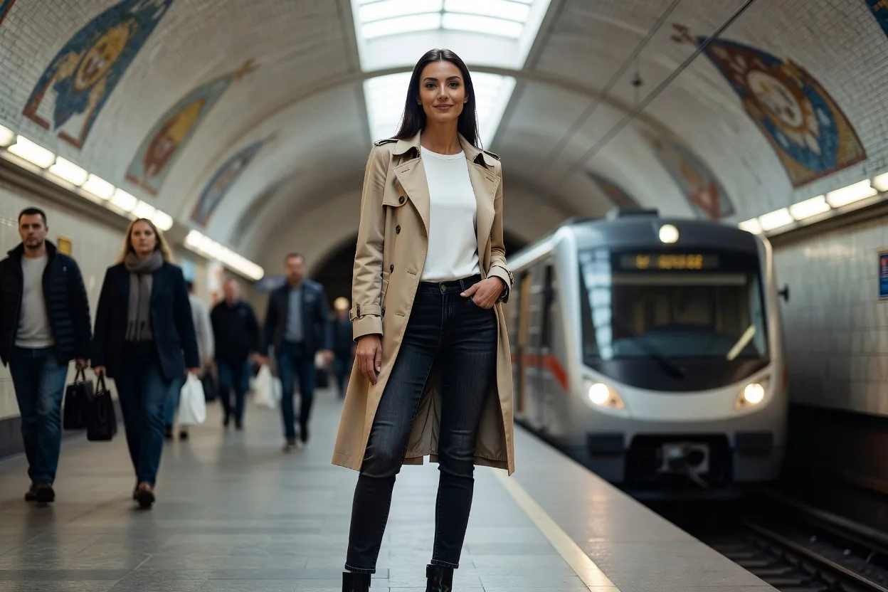 Voyageuse en trench sur le quai d'une station de métro de Kyiv, rame à l'arrêt et voyageurs en arrière-plan