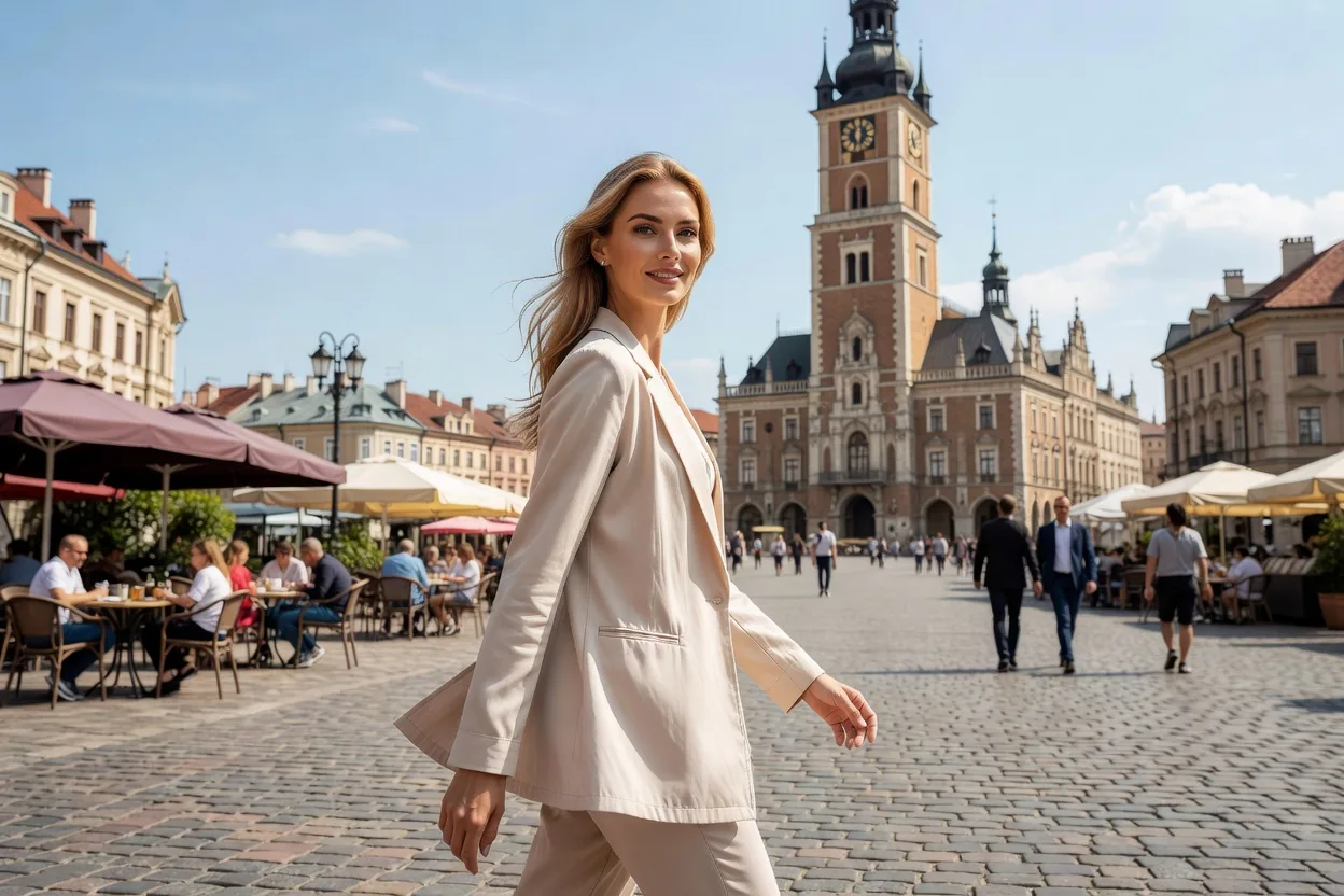 Voyageuse traversant la place du Marché de Lviv, tour de l'hôtel de ville et terrasses de cafés en arrière-plan