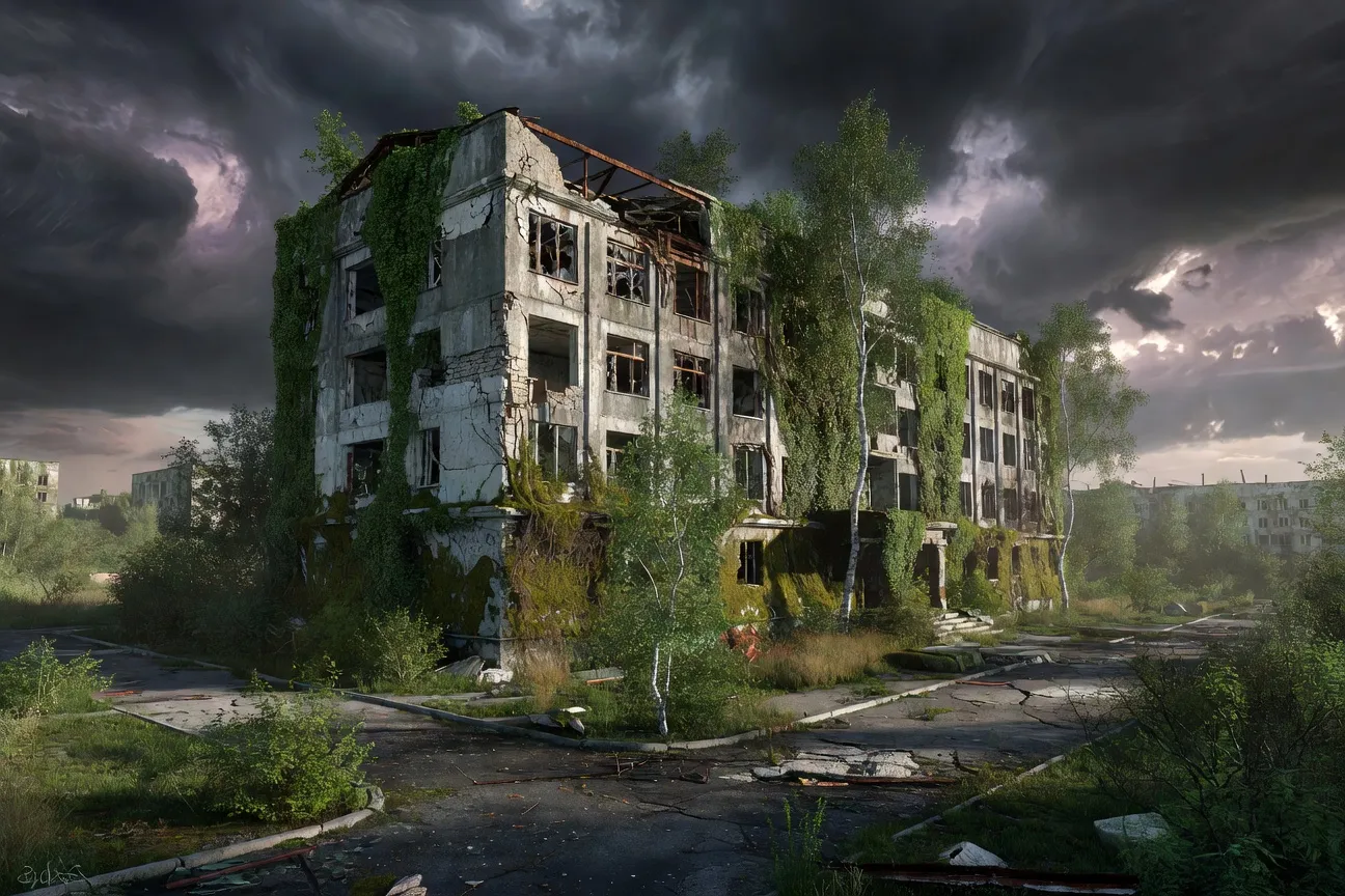 Mairie abandonnée de Pripyat envahie par la végétation