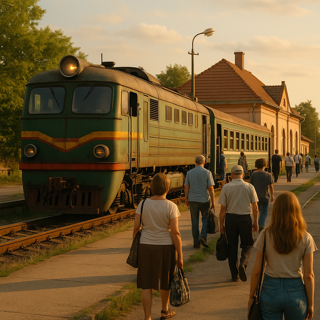 Gare régionale ukrainienne avec train interurbain