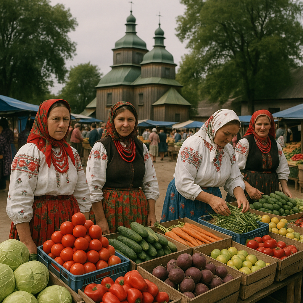 Marché rural ukrainien avec étals de légumes et église en bois au fond