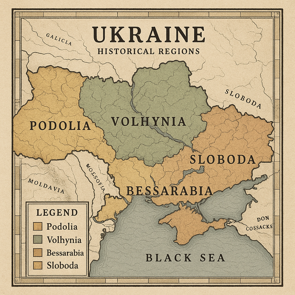 Ancienne carte des régions historiques de l'Ukraine : Galicie, Volhynie, Podolie, Bessarabie