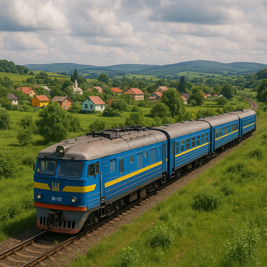 Train régional traversant la campagne ukrainienne