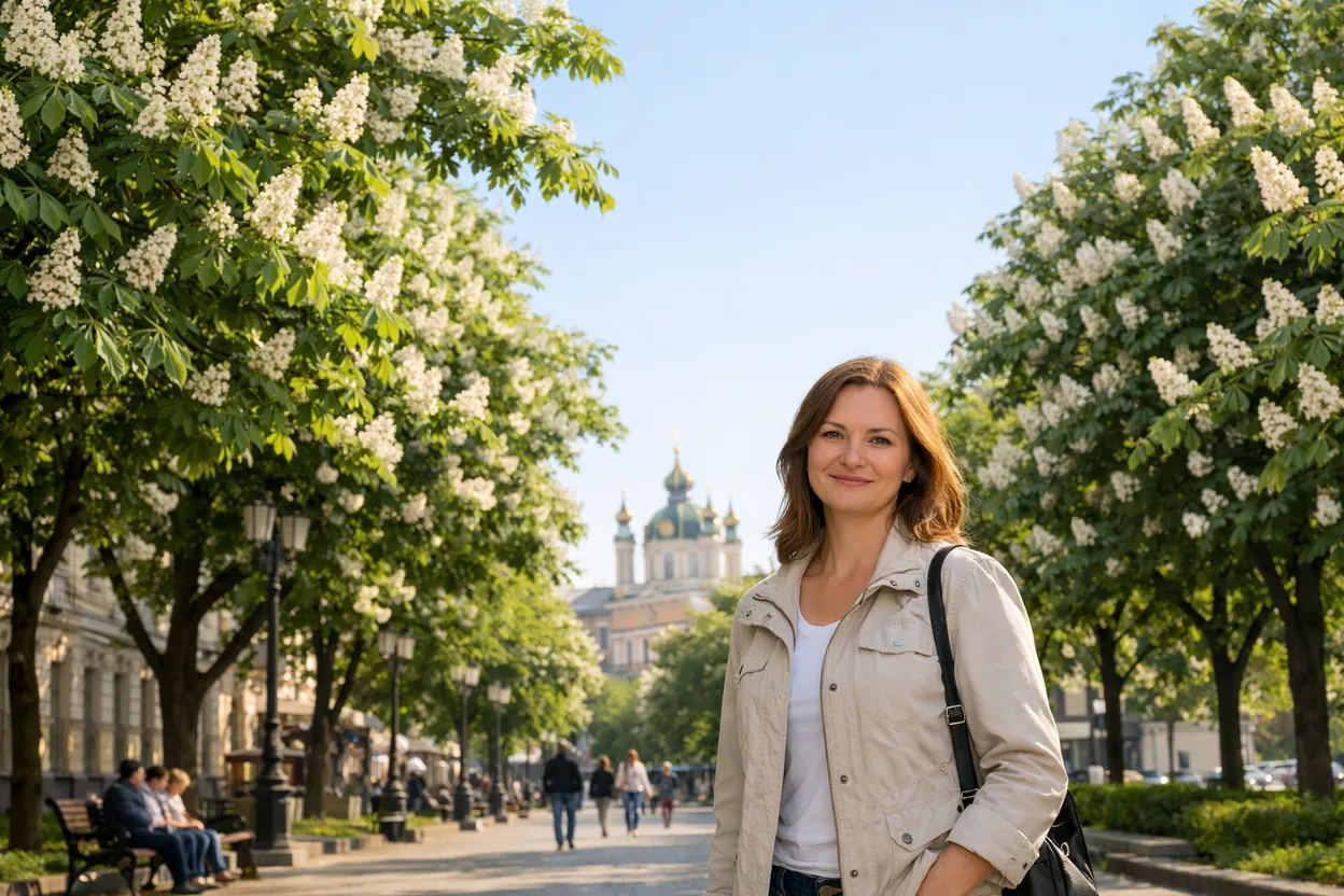 Femme en veste claire sous les marronniers en fleurs d'un boulevard de Kyiv au mois de mai, un dôme baroque en arrière-plan (illustration générée)