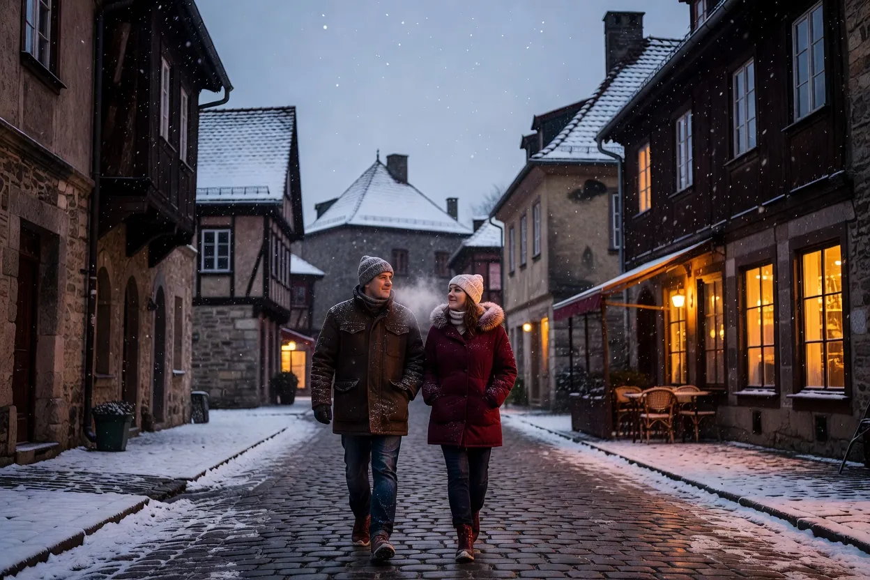 Couple en manteaux d'hiver marchant sur les pavés enneigés d'une vieille ville d'Europe centrale, terrasses éclairées au crépuscule (illustration générée)
