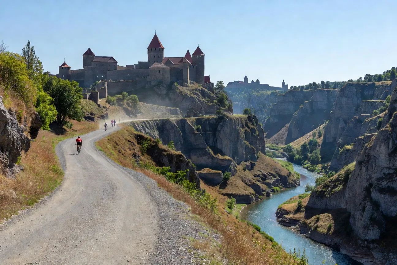 Route panoramique menant au château de Kamianets-Podilsky en Ukraine, avec des cyclistes au loin, été 2026