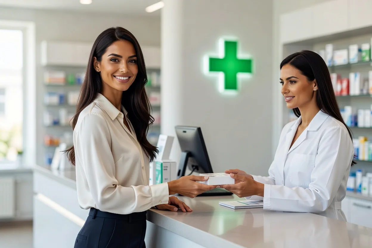 Voyageuse au comptoir d'une pharmacie moderne à la croix verte lumineuse, pharmacienne en blouse blanche lui tendant une boîte de médicaments