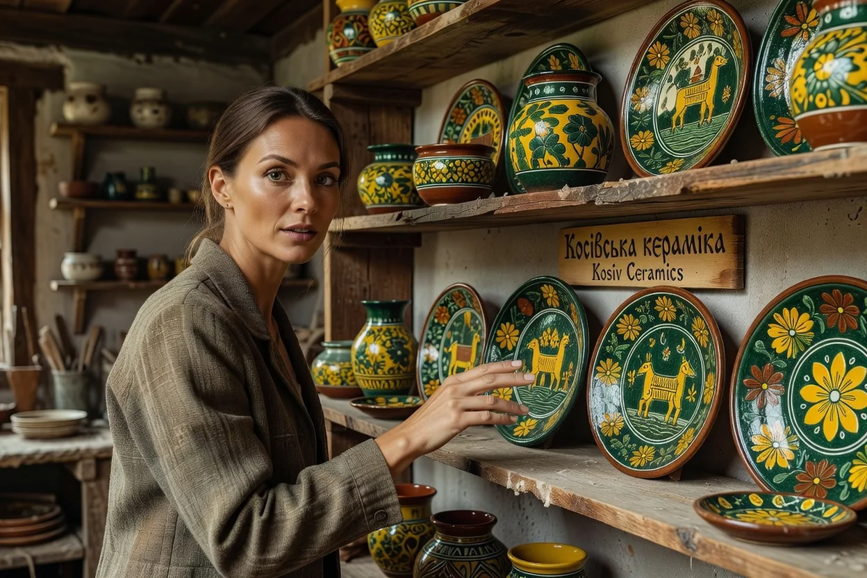 Voyageuse admirant des assiettes et vases de céramique de Kosiv aux motifs verts, jaunes et bruns dans un atelier des Carpates ukrainiennes