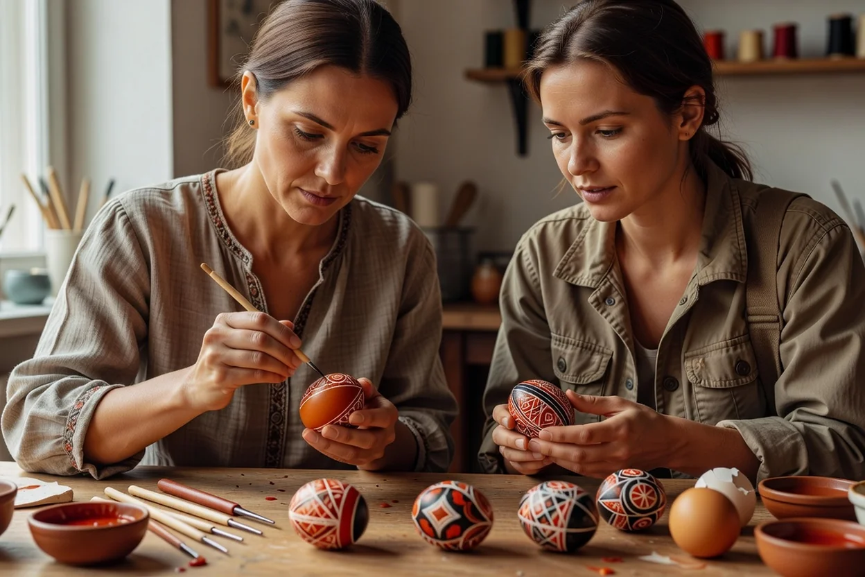 Artisanes ukrainiennes décorant des pysanky, œufs de Pâques aux motifs géométriques rouges et noirs, avec des stylets à cire