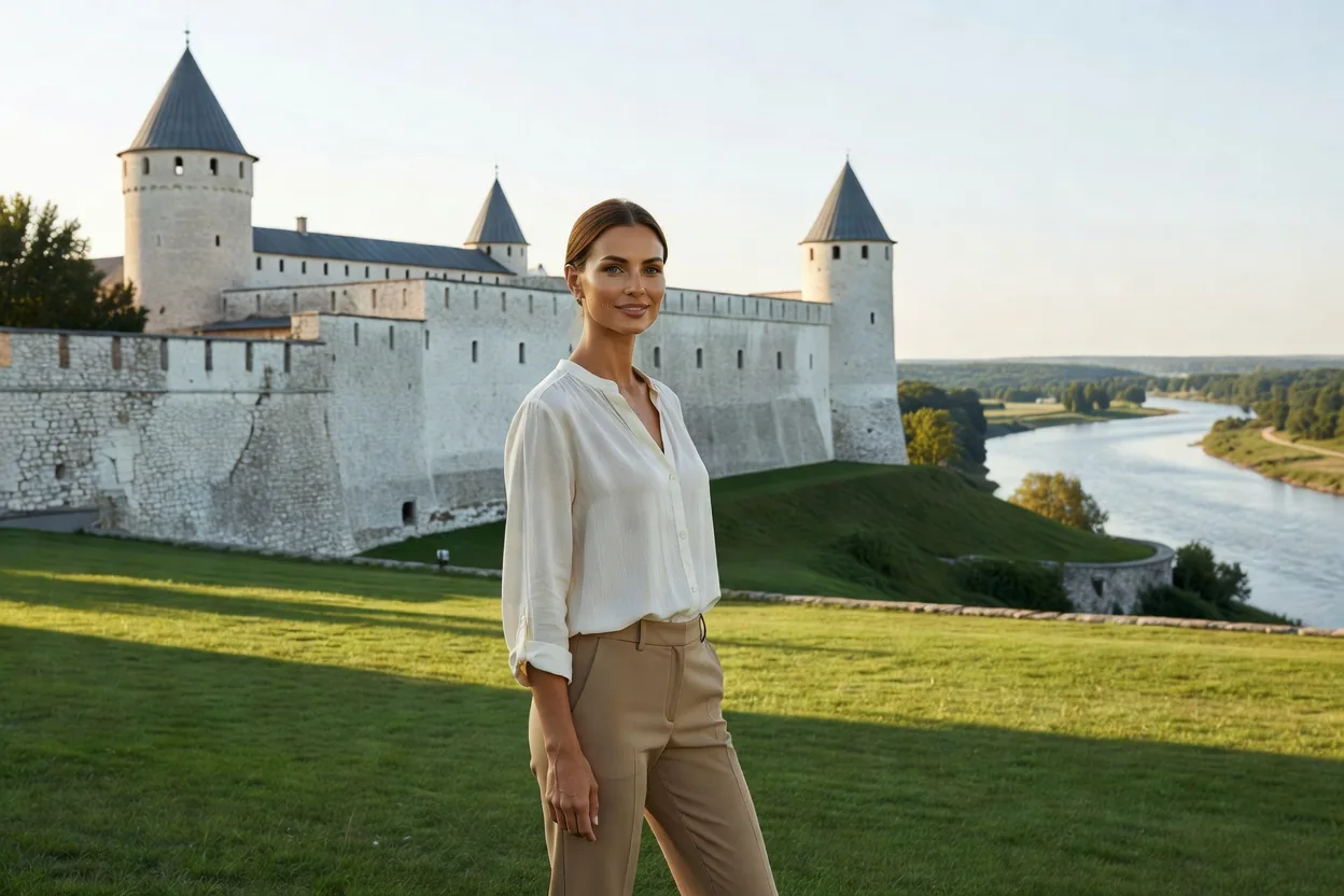 Voyageuse sur une pelouse face à une forteresse de pierre blanche aux tours coniques dominant une rivière