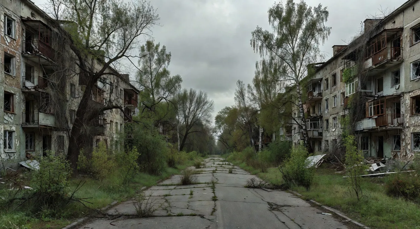 Rue abandonnée de Pripyat, Ukraine — immeubles soviétiques envahis par la nature