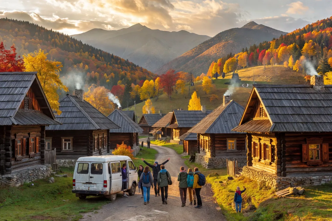 Village des Carpates ukrainiennes avec petit groupe de touristes
