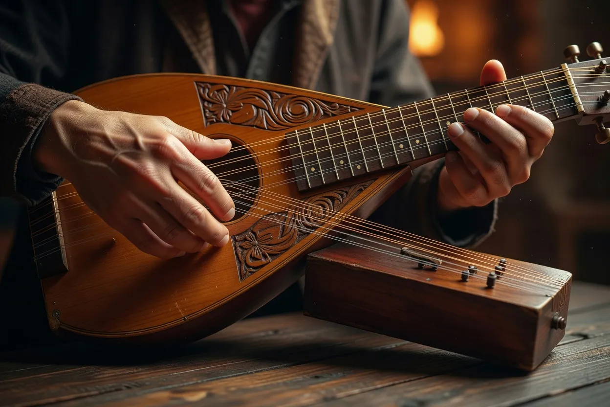 Musicien jouant de la bandura dans un village des Carpates ukrainiennes