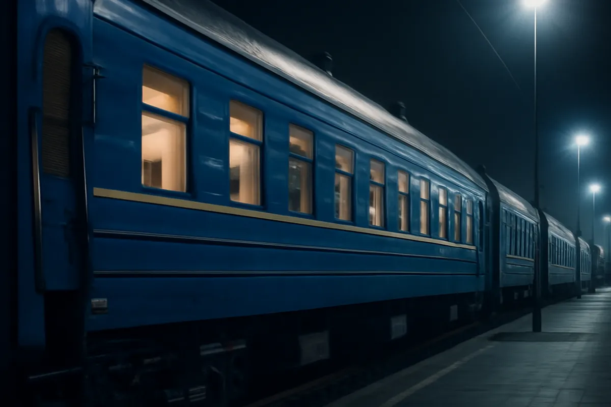 Train de nuit Ukrzaliznytsia à quai dans une gare ukrainienne
