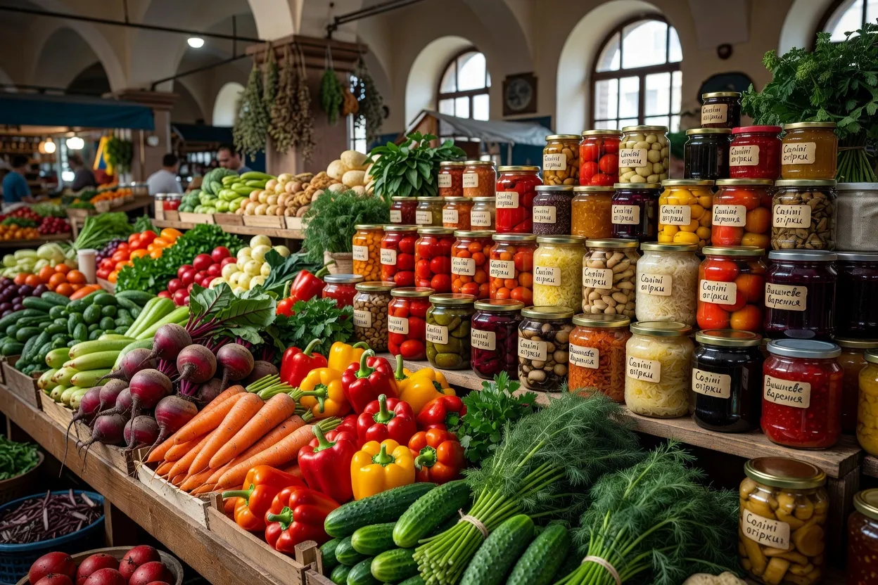Marché Bessarabska à Kyiv, étals de légumes frais et spécialités ukrainiennes