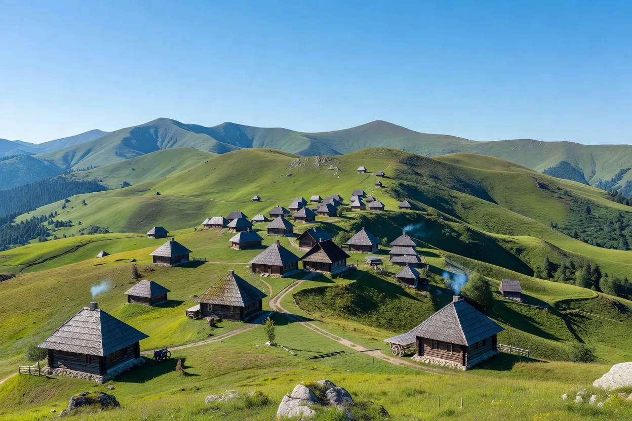 Panorama des Carpates ukrainiennes en été, prairies alpines et chalets en bois