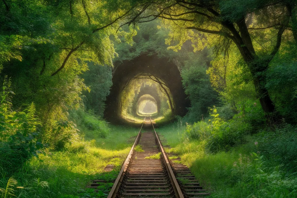 Tunnel de l'amour de Klevan, voûte de verdure sur la voie ferrée en été