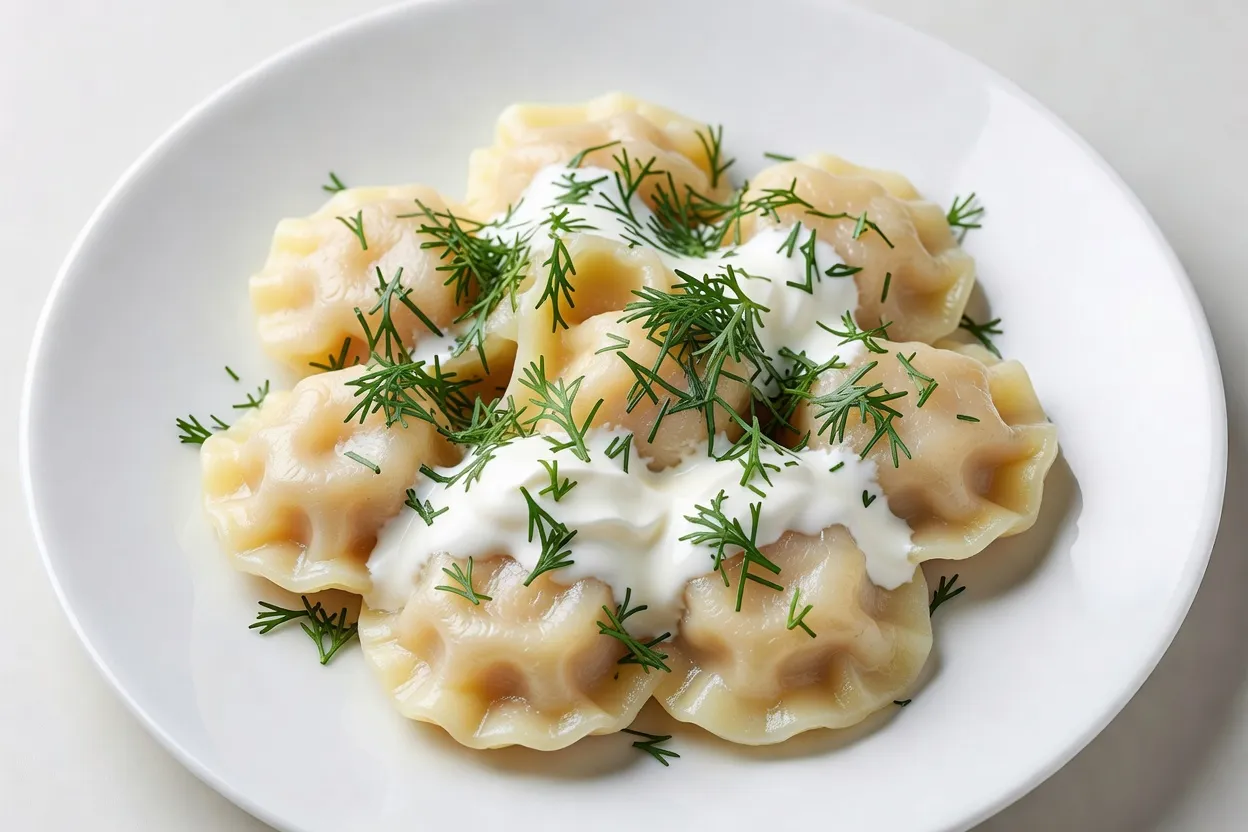 Varenyky ukrainiens au fromage et pommes de terre, servis avec smetana et aneth