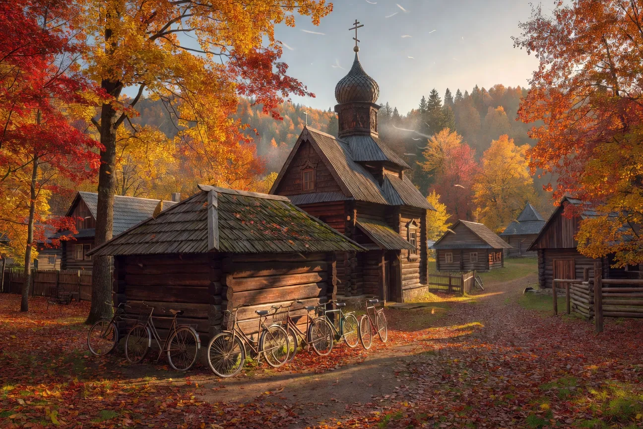 Vélos garés devant une église en bois traditionnelle dans un village des Carpates ukrainiennes
