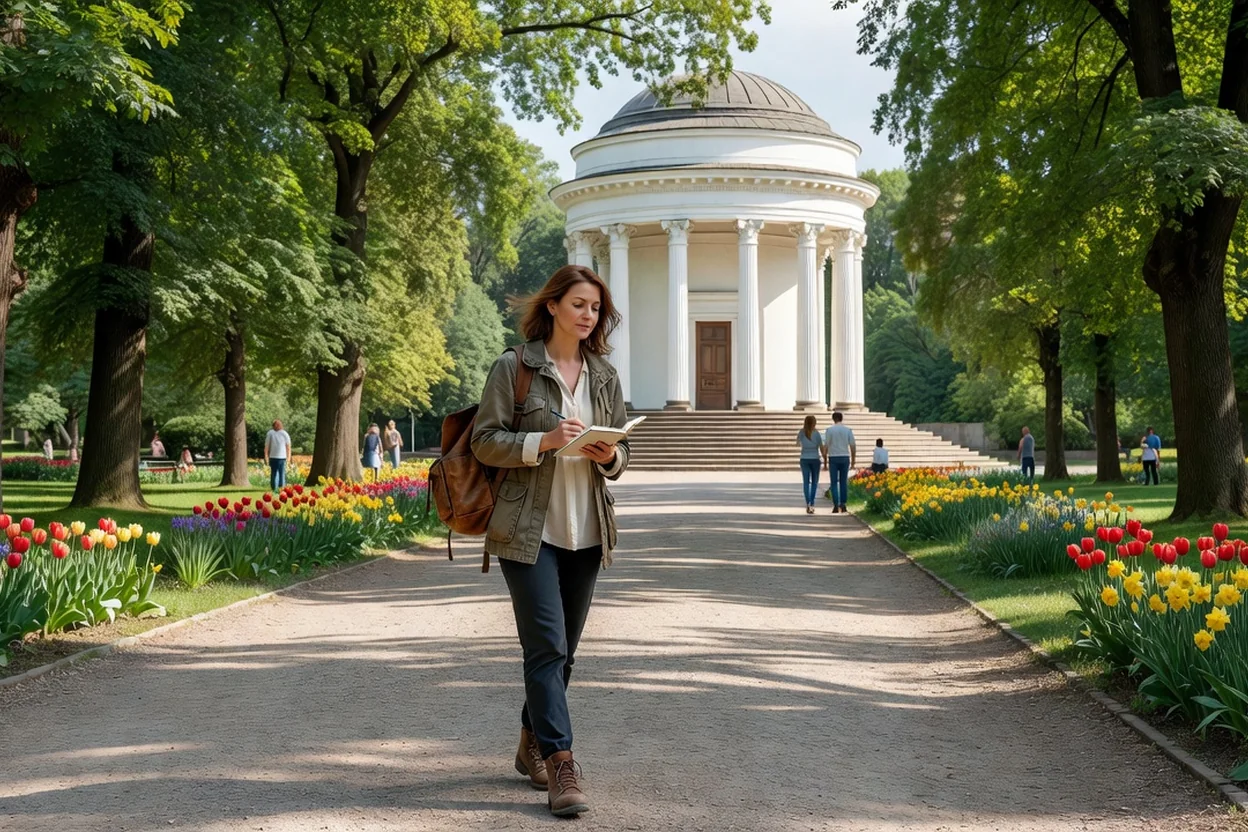 Parc du centre de Poltava avec la colonne de la Gloire et la rotonde blanche au milieu des allées ombragées