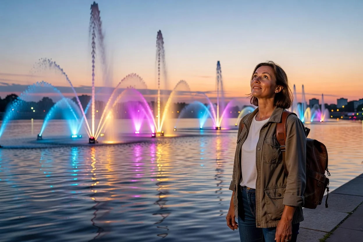 Spectacle nocturne des fontaines Roshen sur la rivière Boug à Vinnytsia avec jets lumineux et écran d'eau