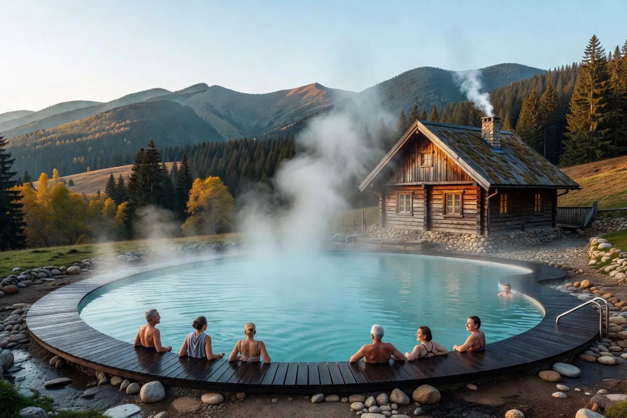 Piscine thermale extérieure avec vue sur les Carpates ukrainiennes et un chalet en bois