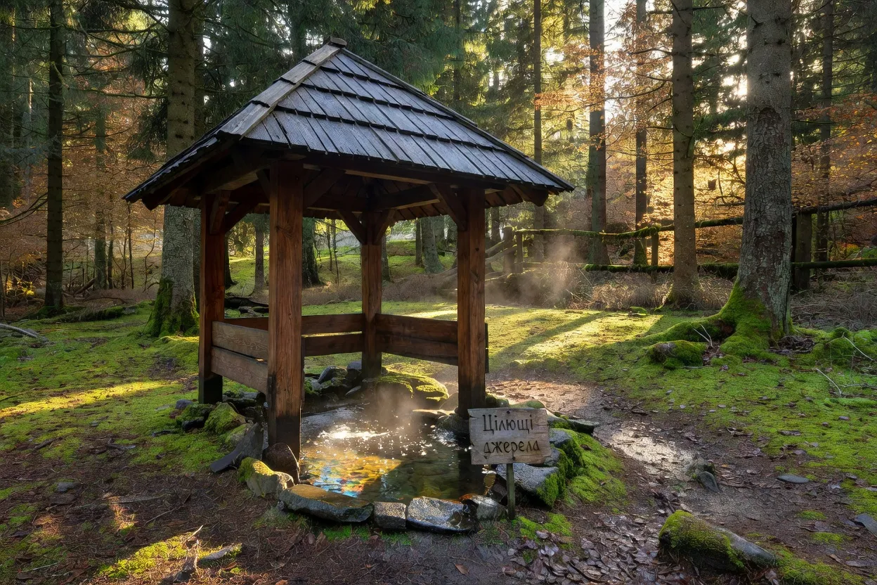 Source minérale en forêt dans les Carpates ukrainiennes avec un petit pavillon en bois